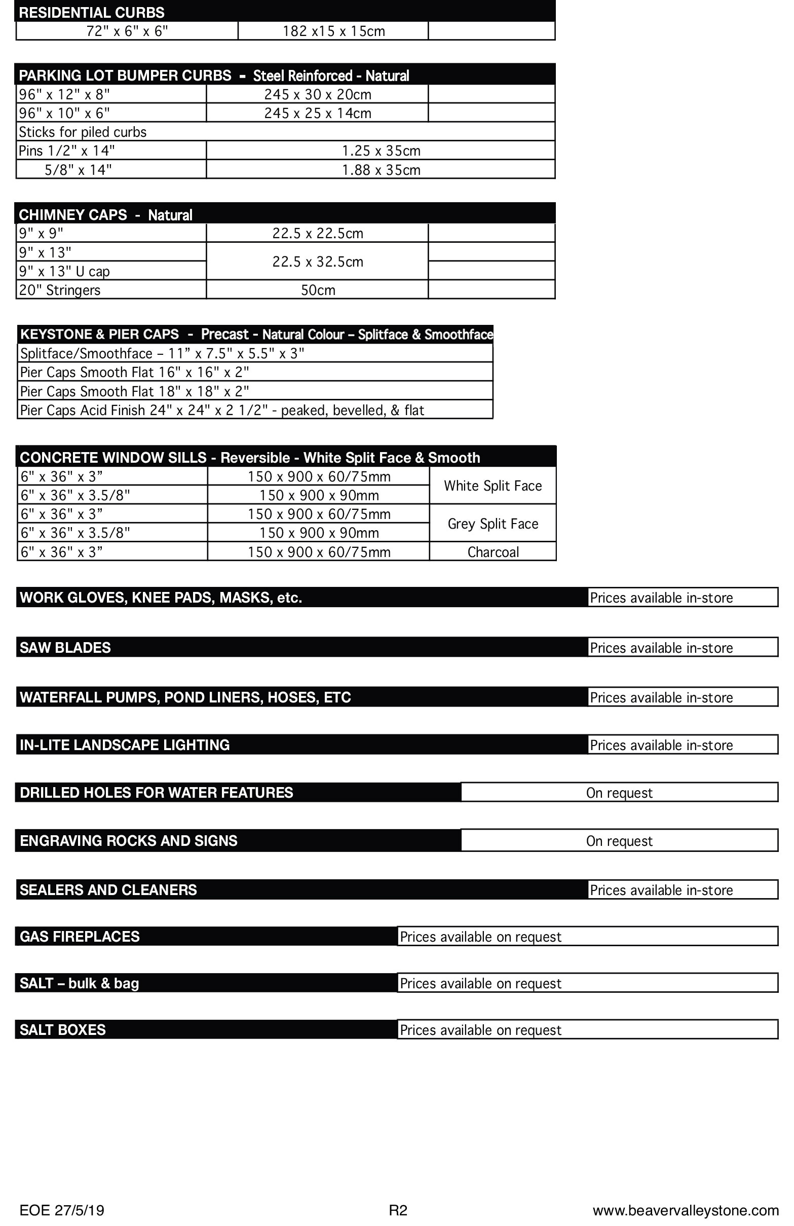 BVS Price List – Beaver Valley Stone Limited