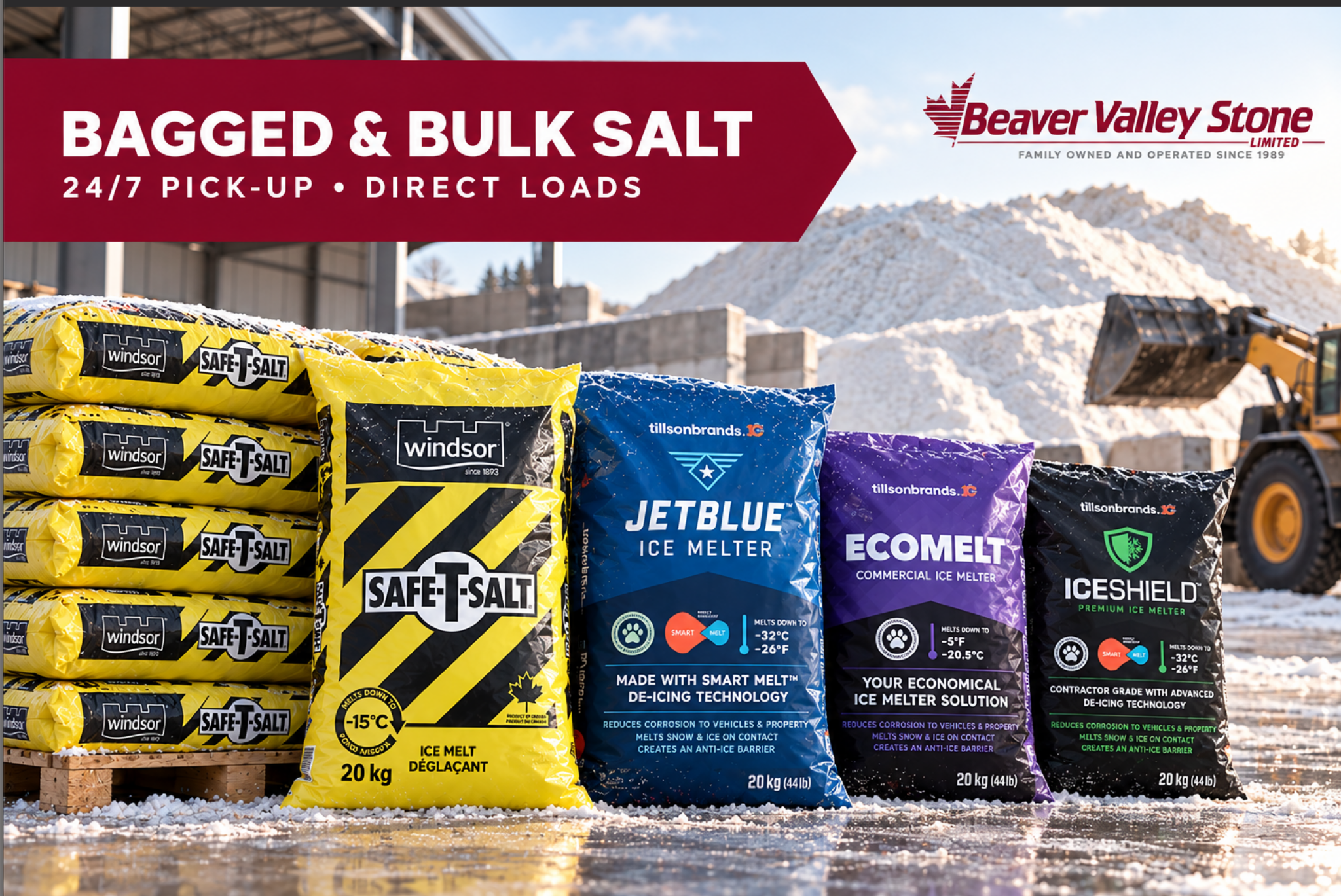 Bagged salt and ice melter products available from Beaver Valley Stone
