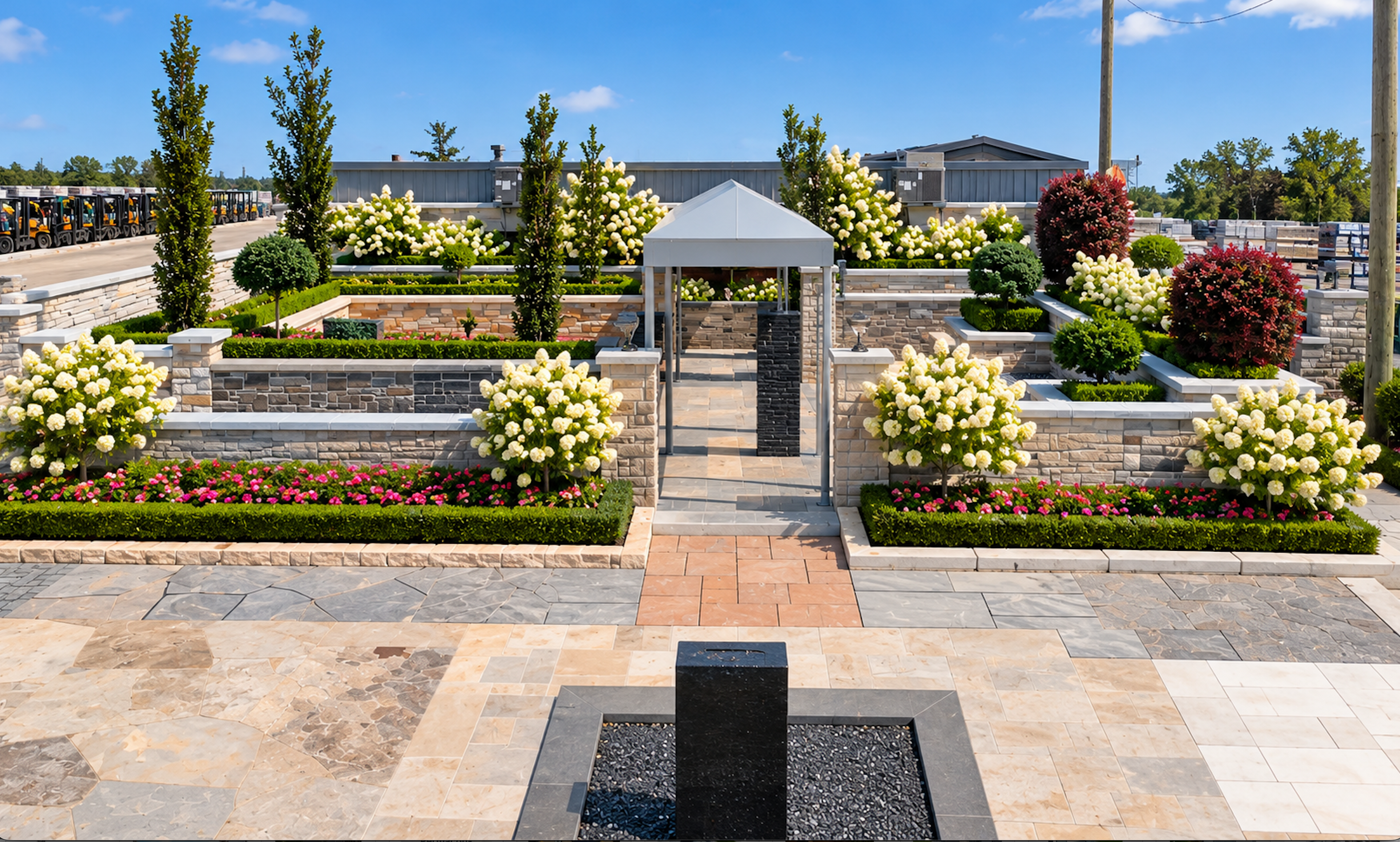 Symmetrical Beaver Valley Stone showroom garden display