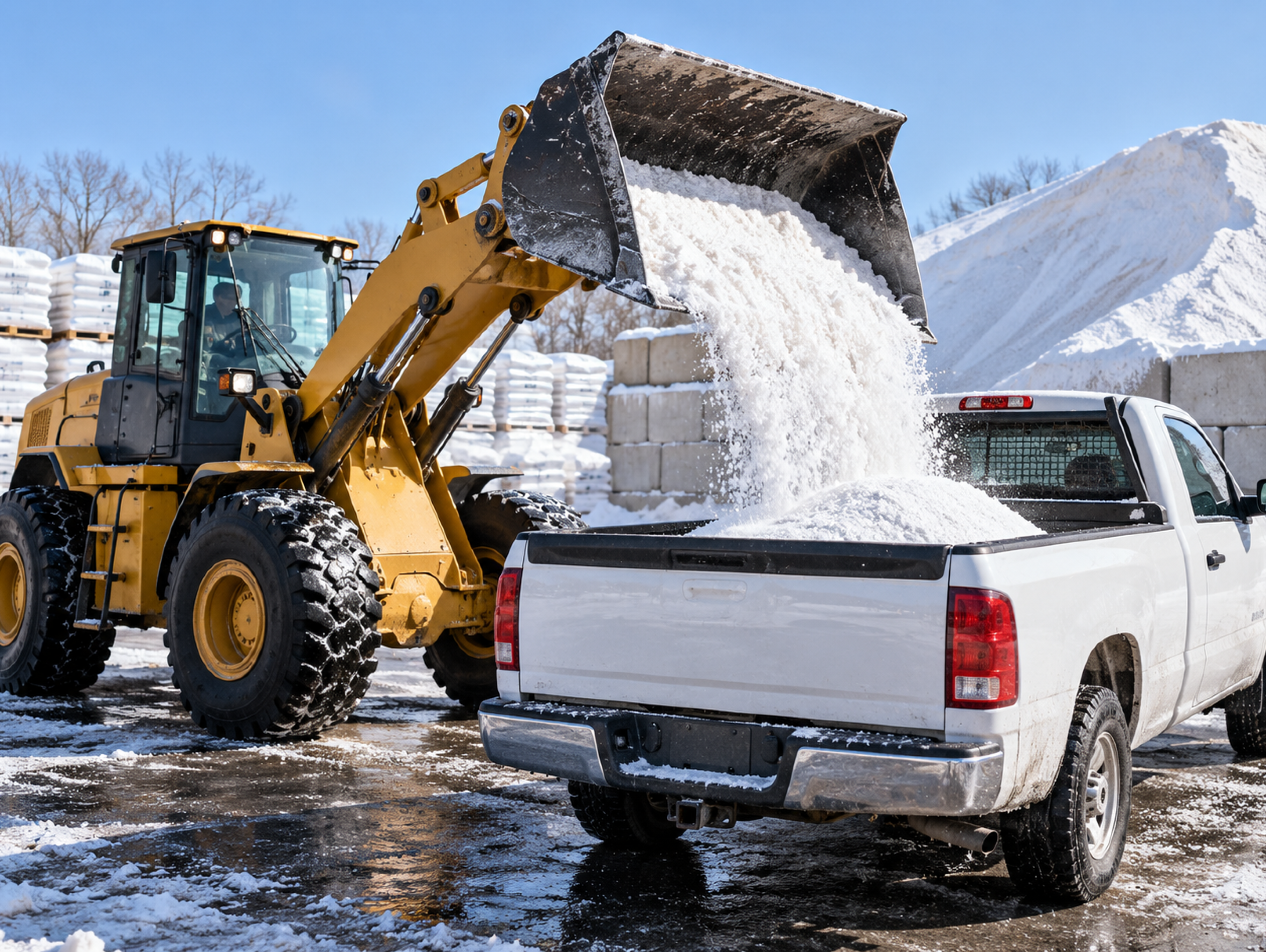 Loader filling a pickup truck with bulk white road salt at a winter supply yard