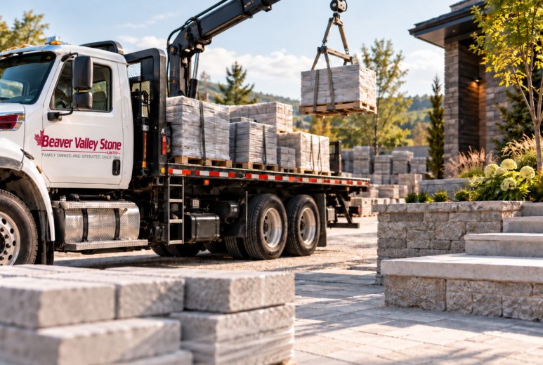 Beaver Valley Stone delivery truck unloading landscape materials